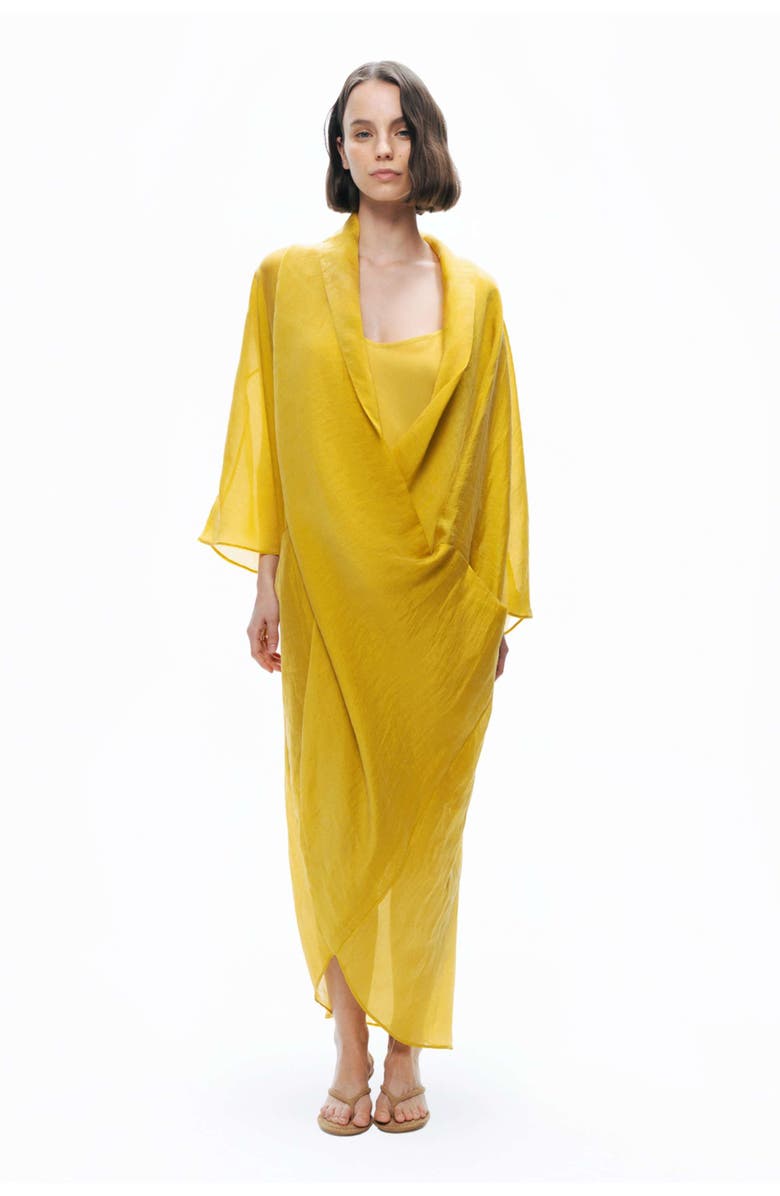 Nocturne Yellow Draped Silk Blend Oversized Midi Dress, Main, color, 