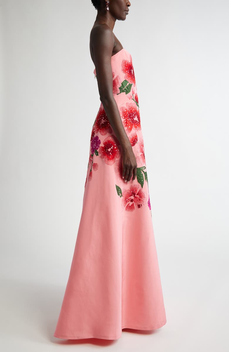 Carolina Herrera Floral Embroidered Strapless Silk Gown, Alternate, color, 