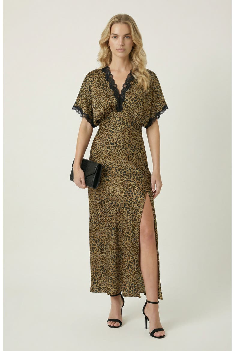 Leopard Print Lace-Trim V-Neck Side-Slit Maxi Dress, Main, color, Leopard Print