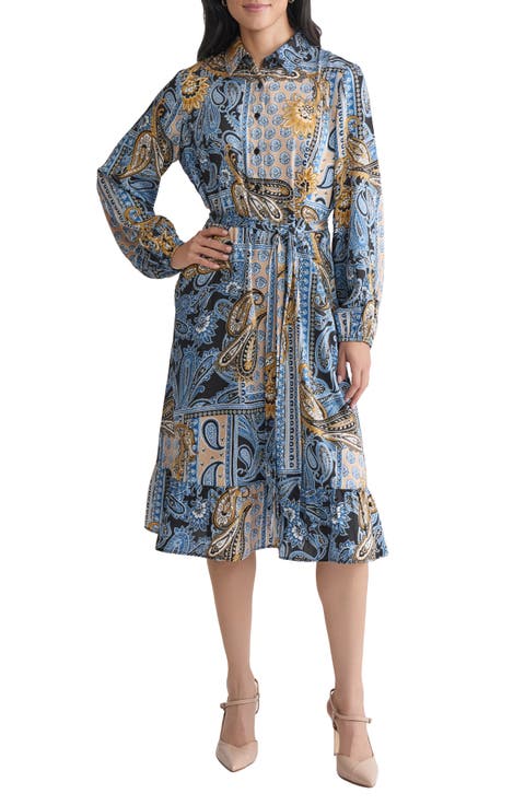 Print Tie Waist Long Sleeve Shirtdress