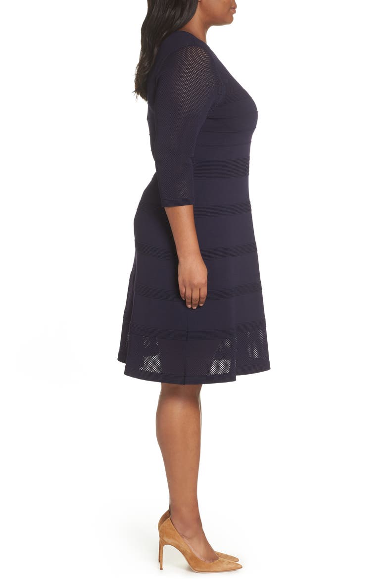 Mixed Stitch Pointelle Fit & Flare Dress, Alternate, color, NAVY