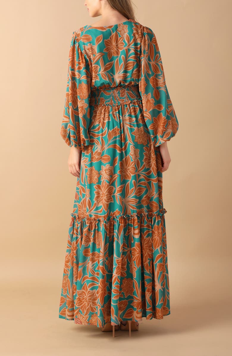 FLYING TOMATO Print Long Sleeve Maxi Dress, Alternate, color, Teal Rust