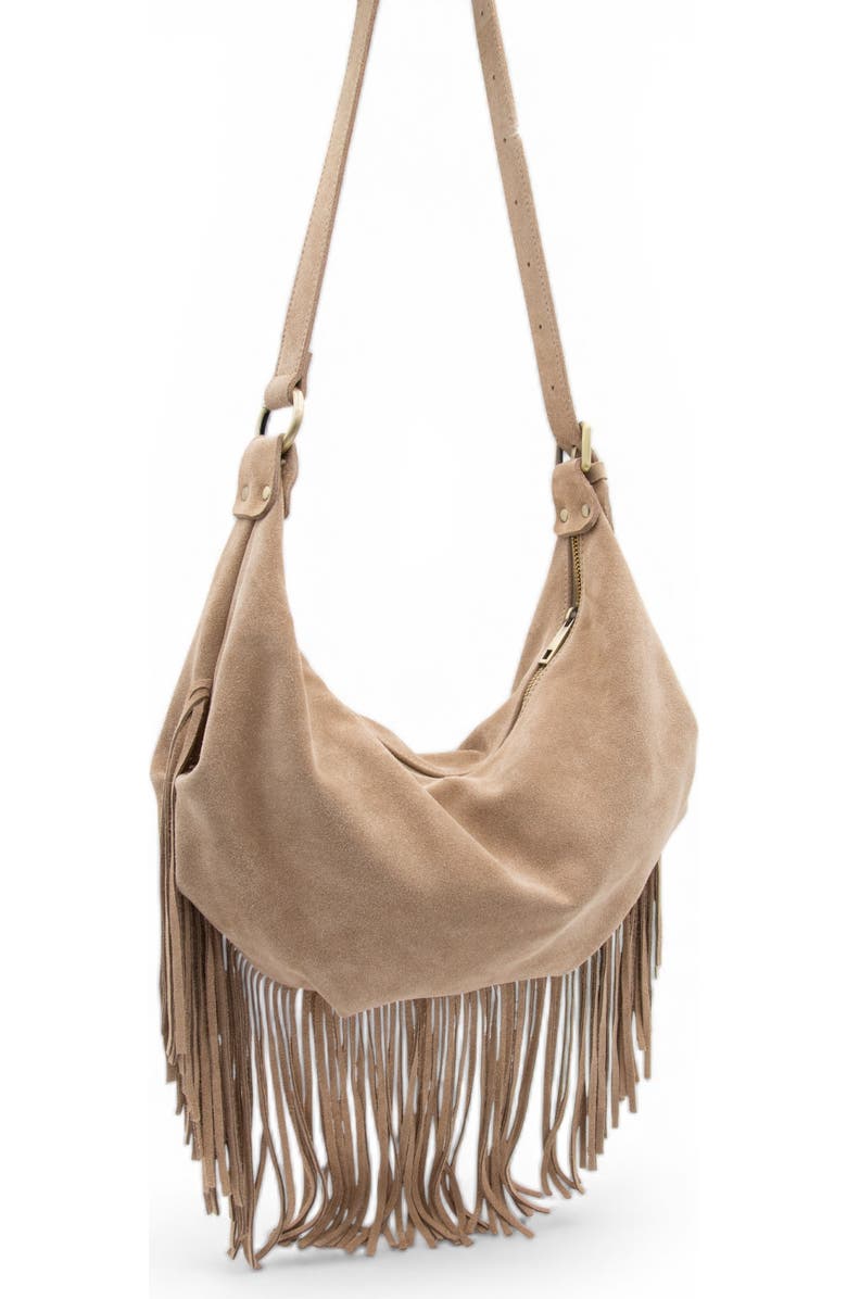 Bolsa Nova Dallas Suede Fringe Hobo, Alternate, color, Black
