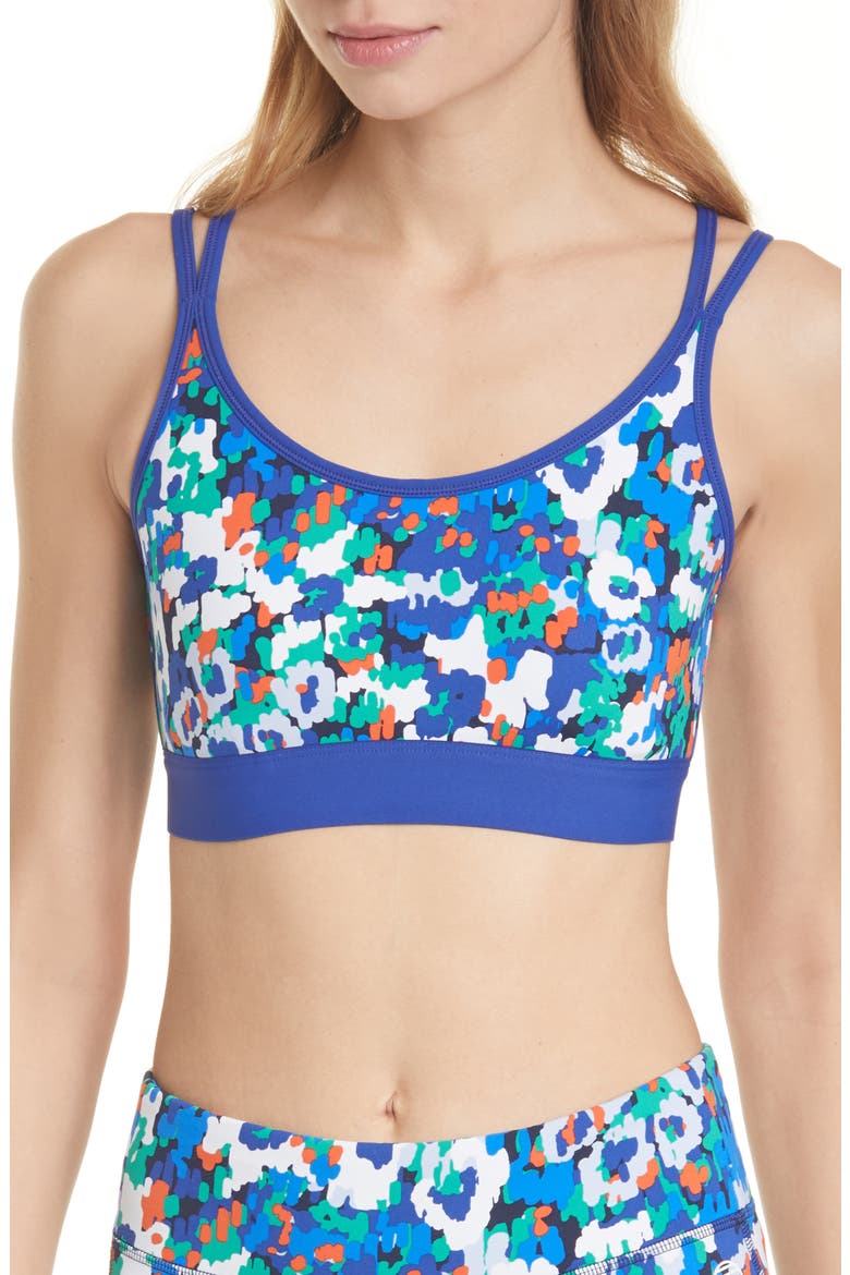 Tory Sport Floral Print Strappy Sports Bra, Main, color, ROYALE CAMO FLORAL