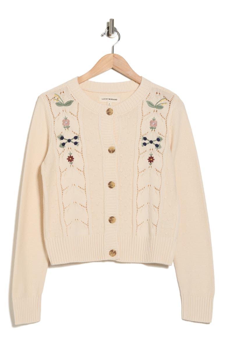 Floral Embroidered Pointelle Cardigan, Alternate, color, WHITECAP GRAY
