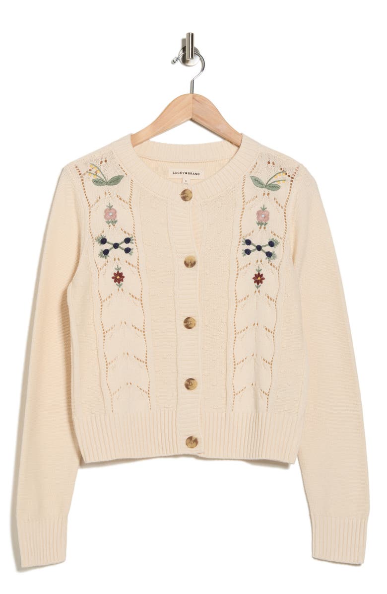 Lucky Brand Floral Embroidered Pointelle Cardigan, Alternate, color, Whitecap Gray