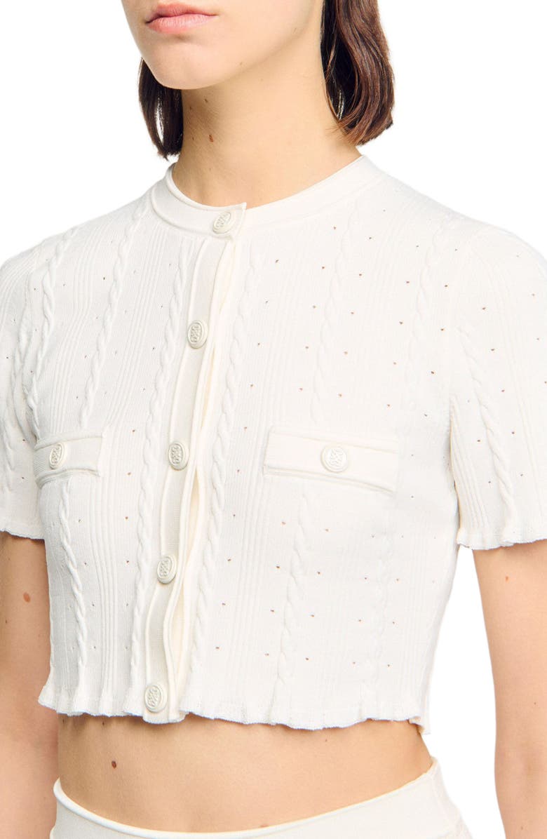 SANDRO Cropped pointelle knit cardigan, Alternate, color, Ecru