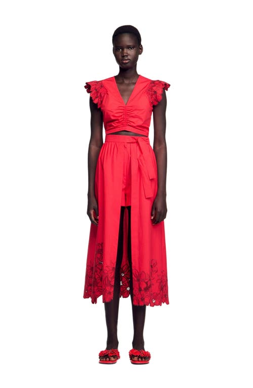 Sandro Cotton-blend Floral Skort In Red