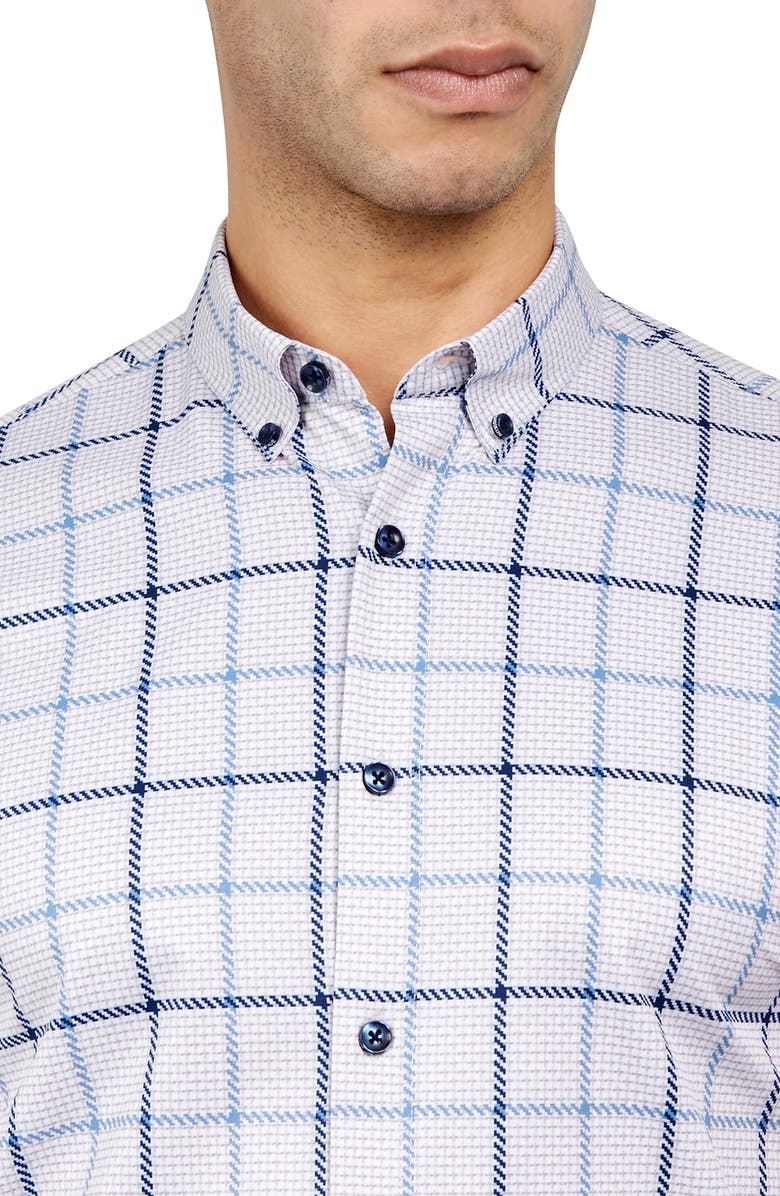 Brooklyn Brigade Slim Fit Gowanus Textured Grid 4-Way Stretch Performance Short Sleeve Shirt, Alternate, color, Navy/Blue