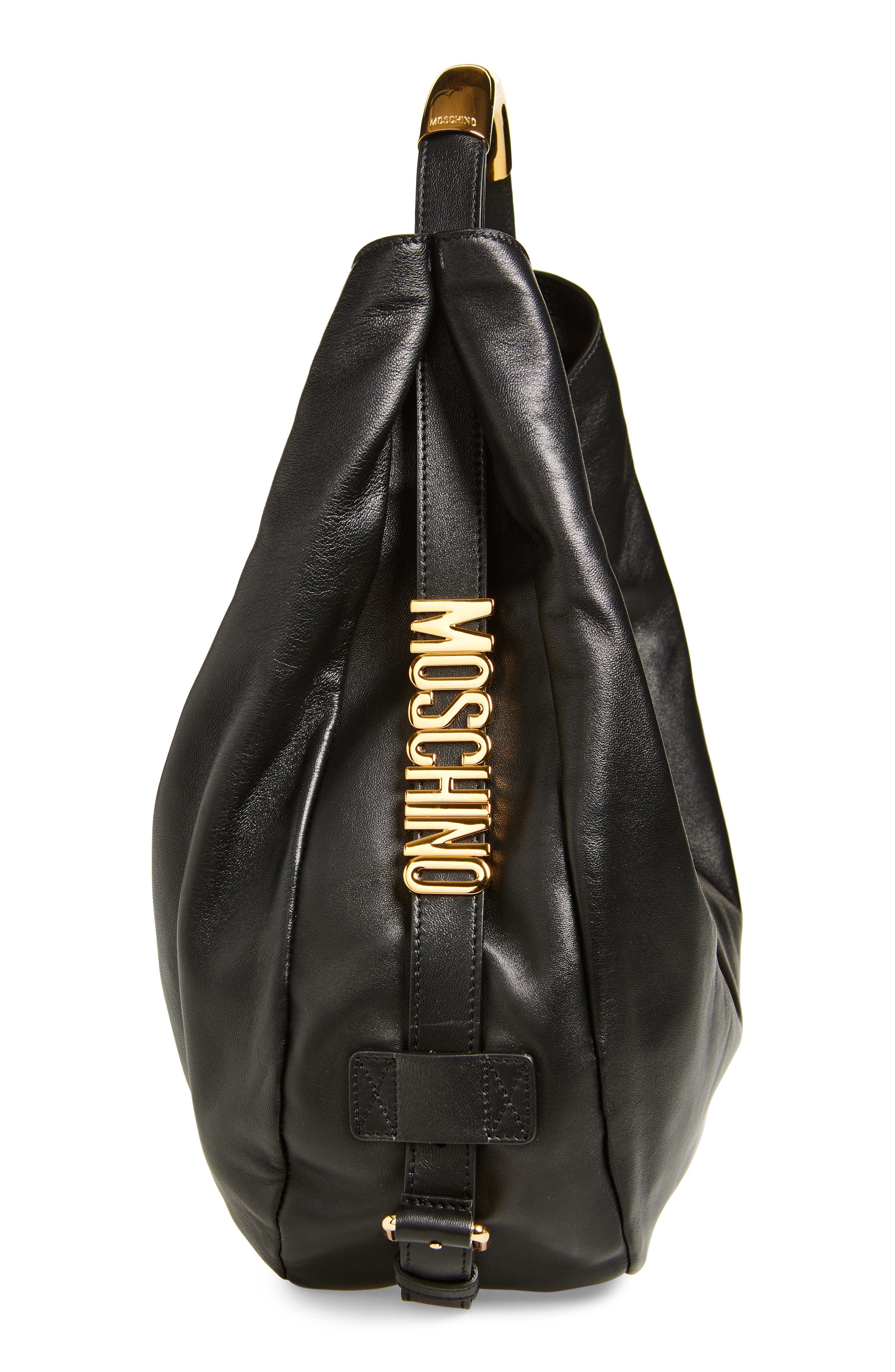 Moschino Handle Me Leather Hobo Bag, Alternate, color, Black