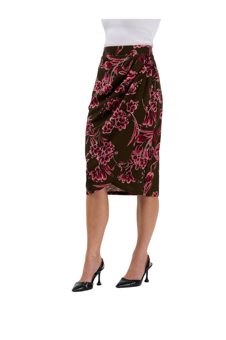 Elevate Womens Elastic High Waist Knee Length Pencil Skirt, Alternate, color, Brown Multi