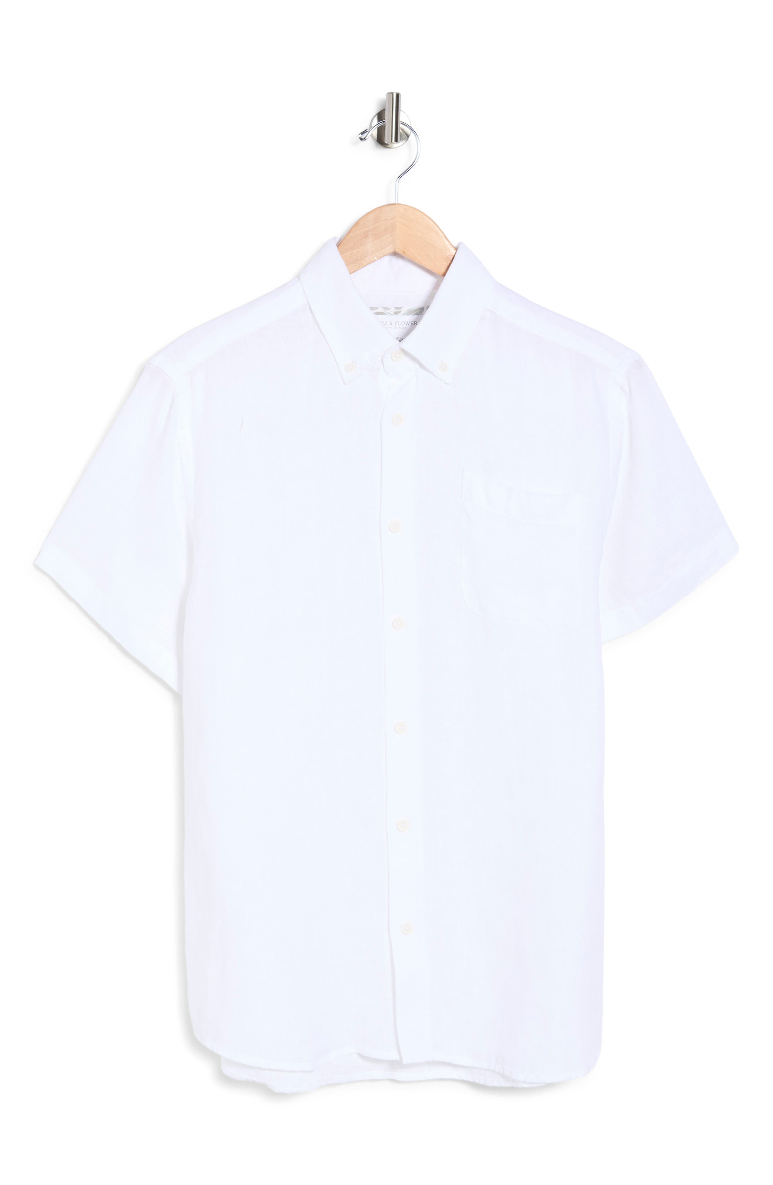 DENIM AND FLOWER Solid Short Sleeve Linen Button-Down Shirt