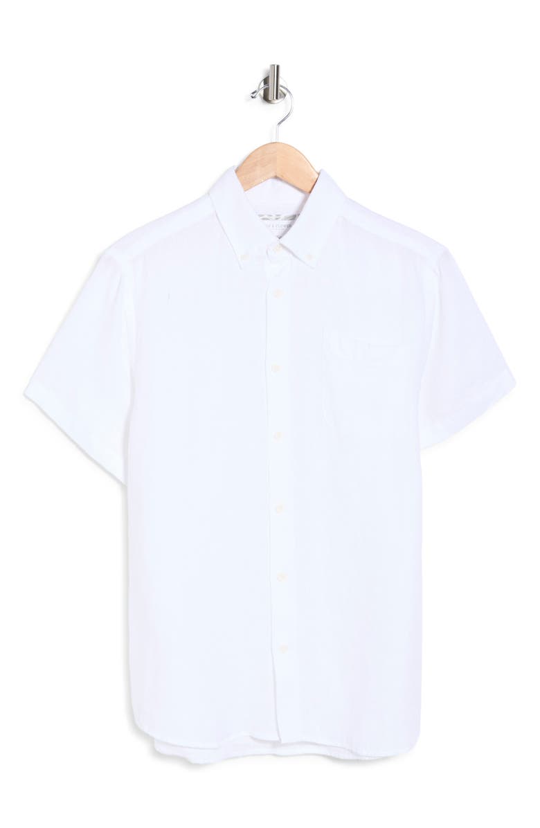 DENIM AND FLOWER Solid Short Sleeve Linen Button-Down Shirt, Main, color, White