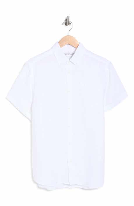 DENIM AND FLOWER Solid Short Sleeve Linen Button-Down Shirt