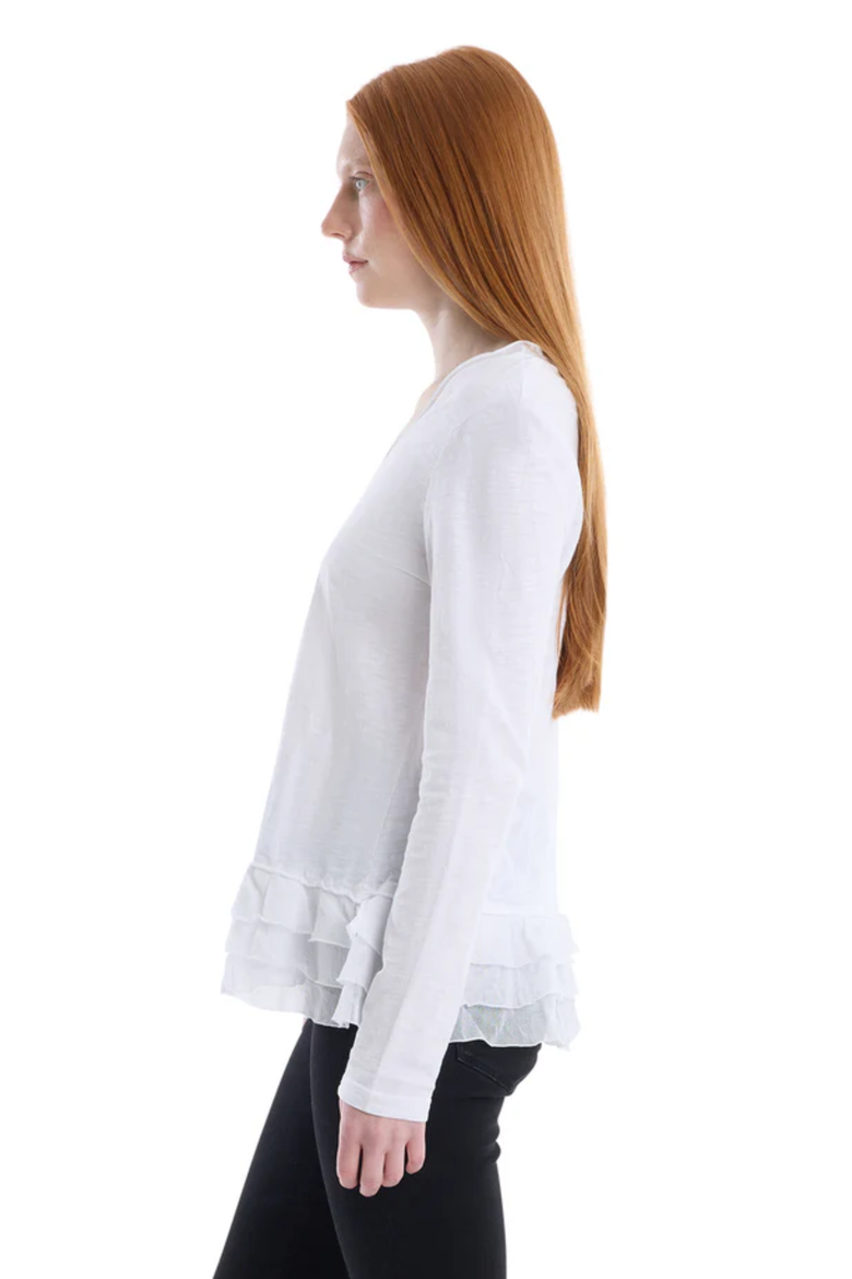 V-Neck Mixed Media Long Sleeve Tee With Ruffle Hem, Alternate, color, White