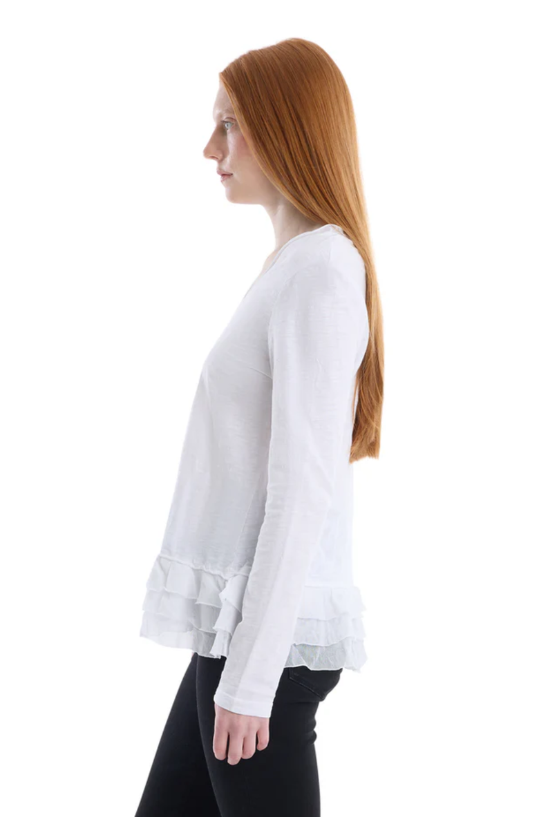 WILT Clothing V-Neck Mixed Media Long Sleeve Tee With Ruffle Hem, Alternate, color, White