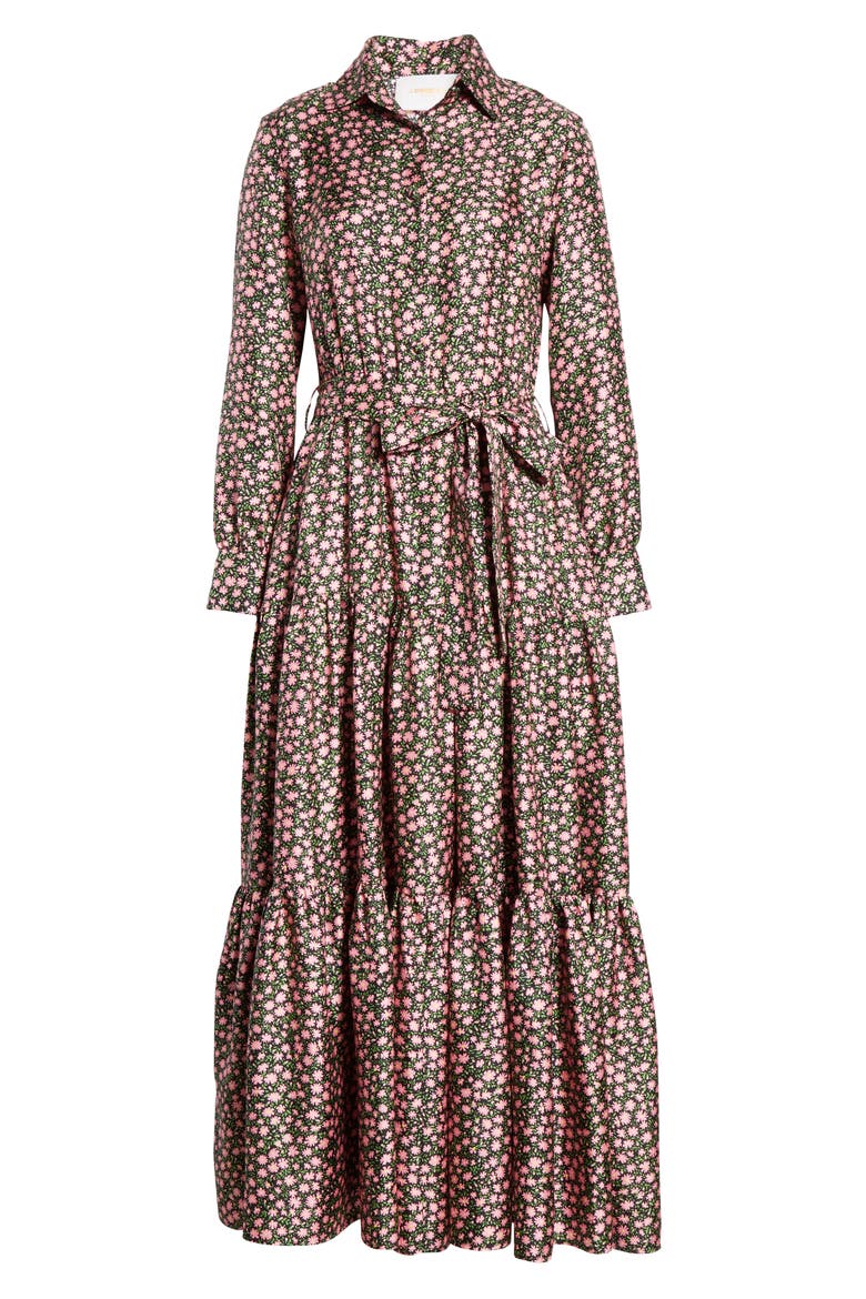 LaDouble J Bellini Floral Print Silk Twill Long Sleeve Maxi Shirtdress, Alternate, color, DAISY