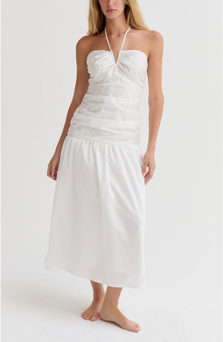 CRESCENT Shirred Halter Tencel Blend Midi Dress, Main, color, White