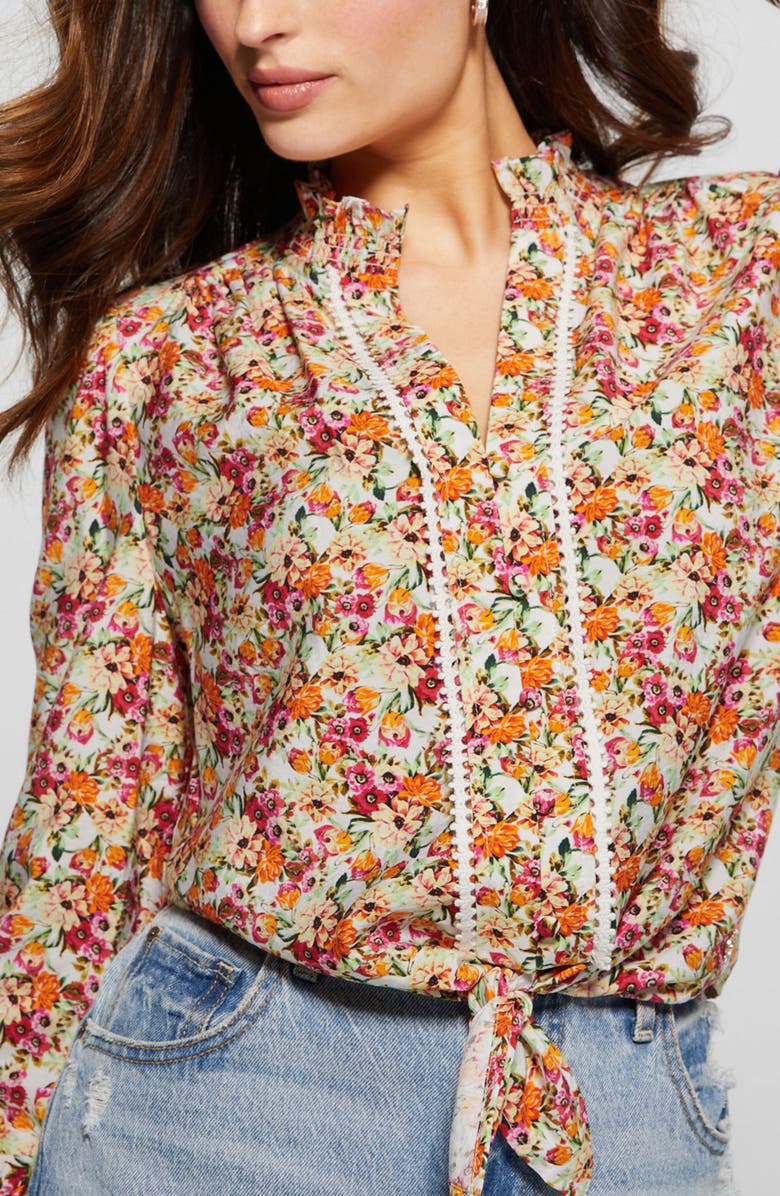 GUESS Rita Floral Tie Hem Button-Up Shirt, Alternate, color, 