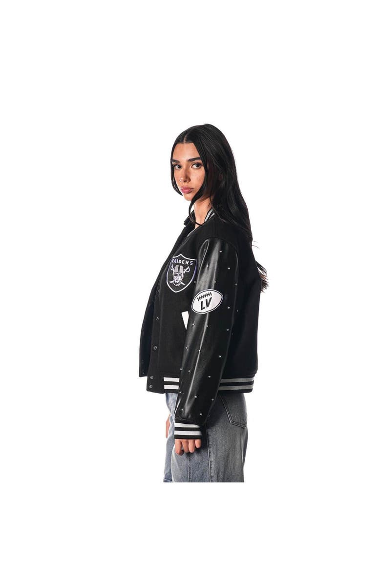 THE WILD COLLECTIVE Women's The Wild Collective Black Las Vegas Raiders Varsity Full-Snap Sparkle Jacket, Alternate, color, 