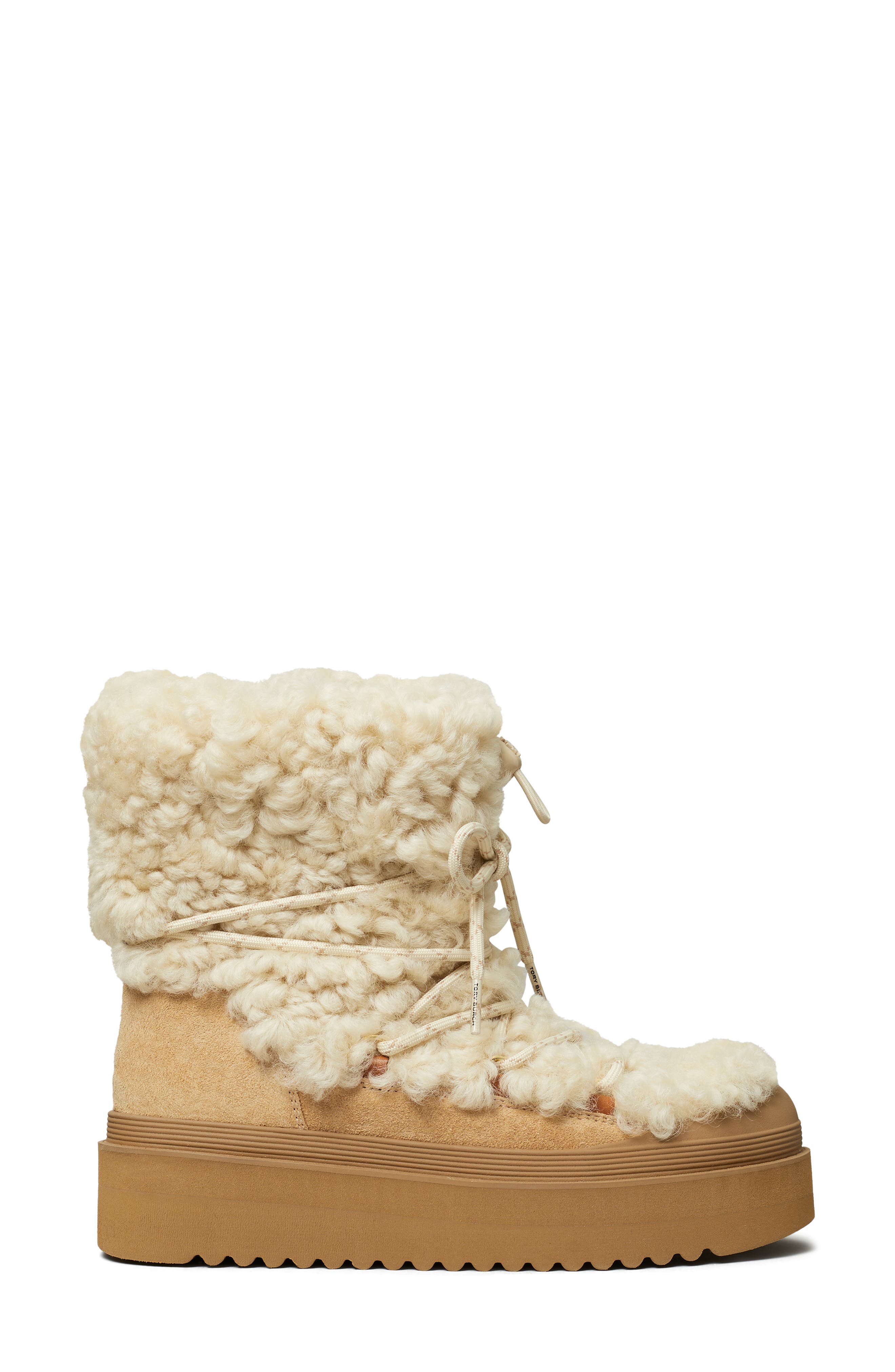 Tory Burch Mellow Genuine Shearling Platform Bootie, Alternate, color, Buttermilk / Light Chestnut