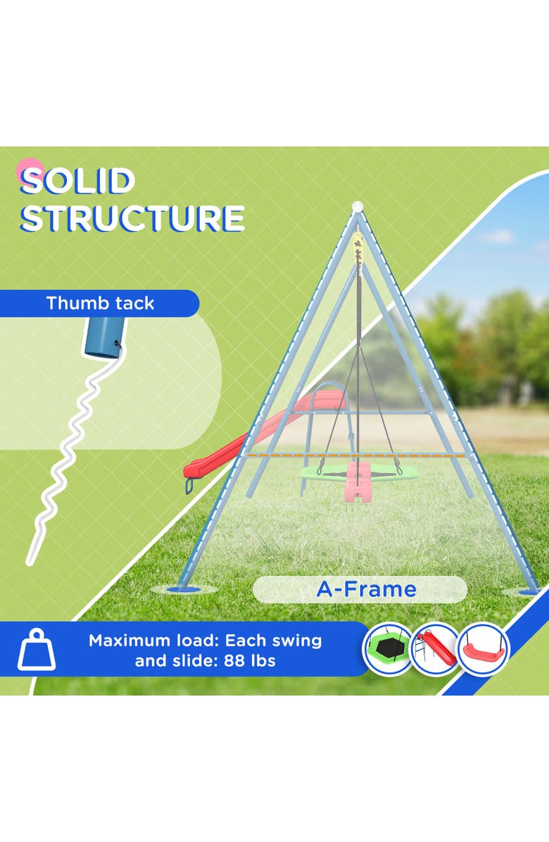 Outsunny 3-in-1 Metal Backyard Swing Set with Nest Swing, 2 Seats, 1 Slide A-Frame Heavy Duty 352 lbs Capacity, Alternate, color, 