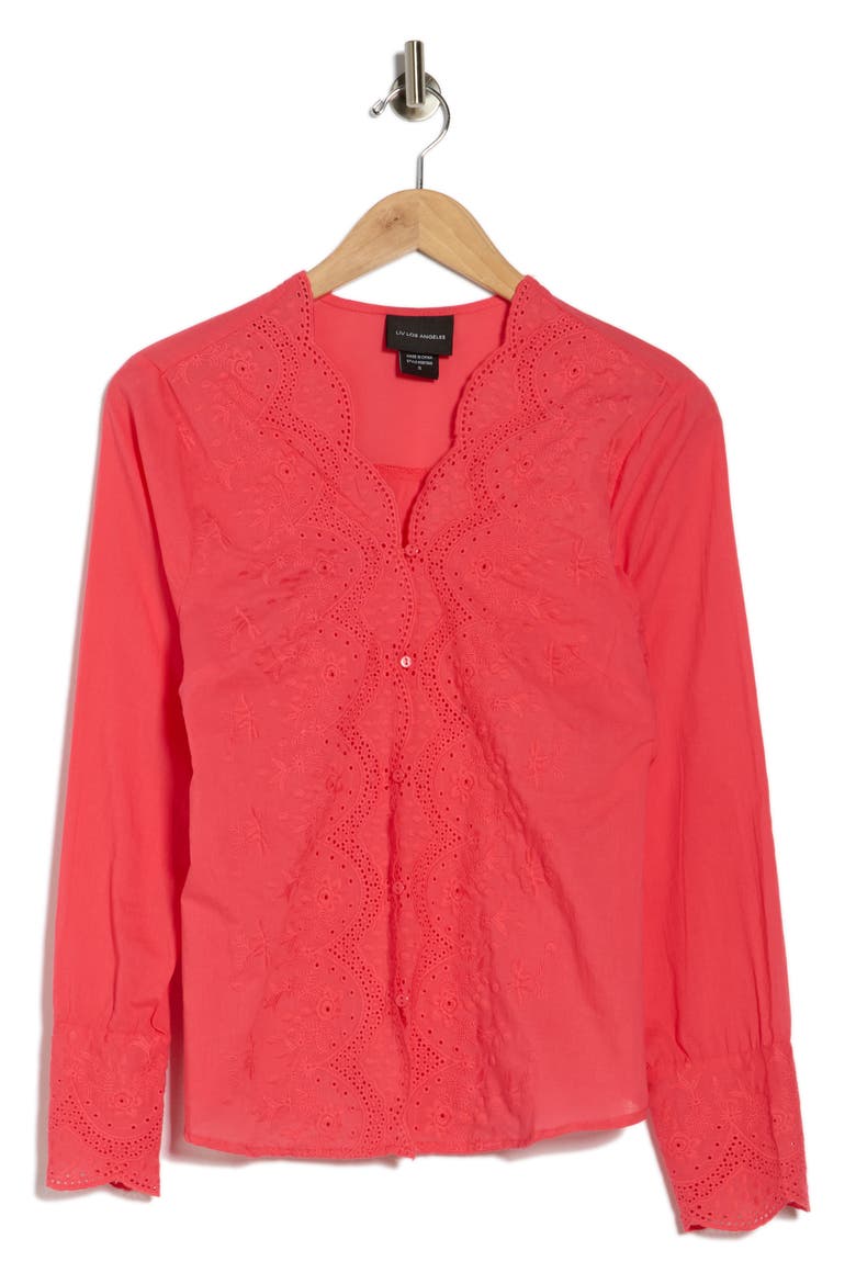 Eyelet Embroidered Button-Up Shirt, Alternate, color, TEABERRY