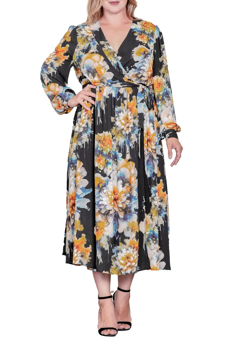 Floral Print Long Sleeve Georgette Midi Wrap Dress, Main, color, BLACK INK FLORAL