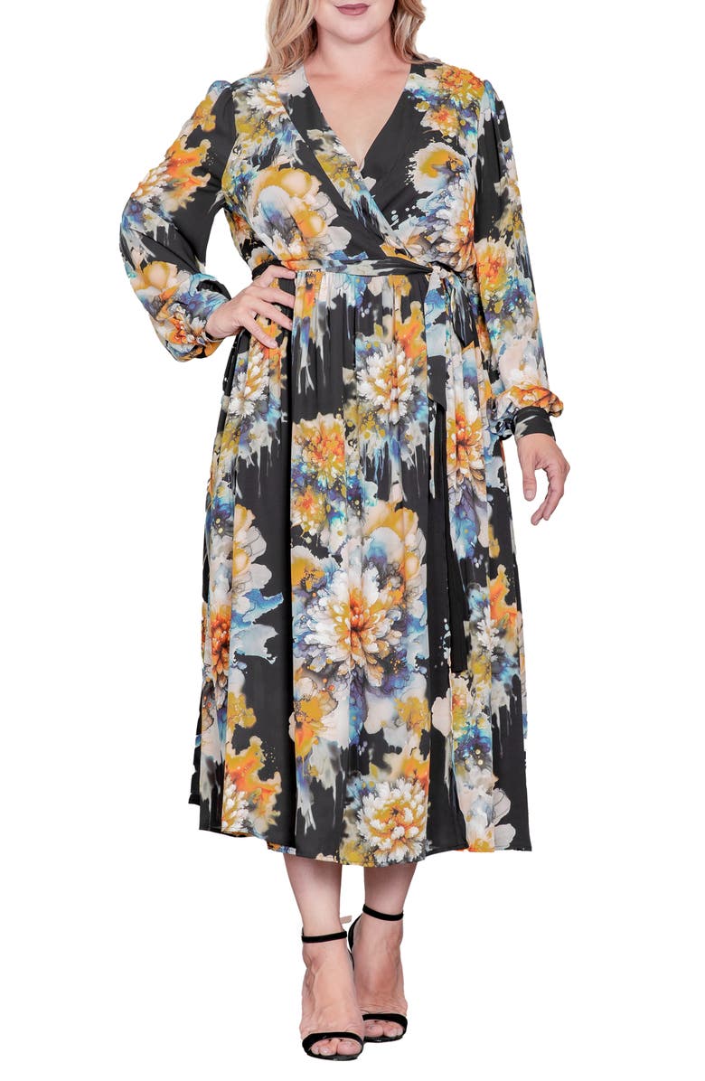 Standards & Practices Floral Print Long Sleeve Georgette Midi Wrap Dress, Main, color, Black Ink Floral