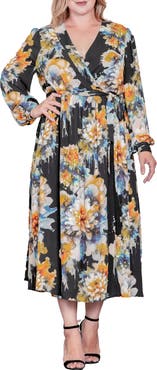 Standards & Practices Floral Print Long Sleeve Georgette Midi Wrap Dress