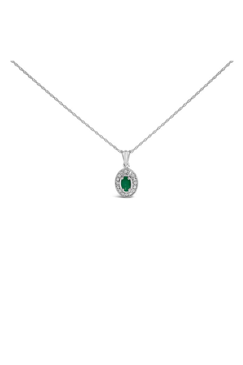 14K White Gold Oval Green Emerald and Diamond Halo Pendant Necklace, Main, color, White