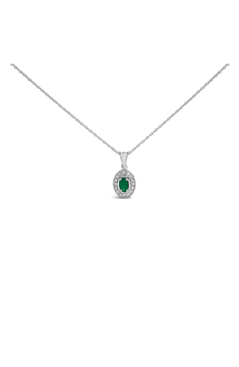 Haus of Brilliance 14K White Gold Oval Green Emerald and Diamond Halo Pendant Necklace, Main, color, White