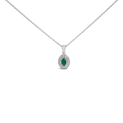 14K White Gold Oval Green Emerald and Diamond Halo Pendant Necklace