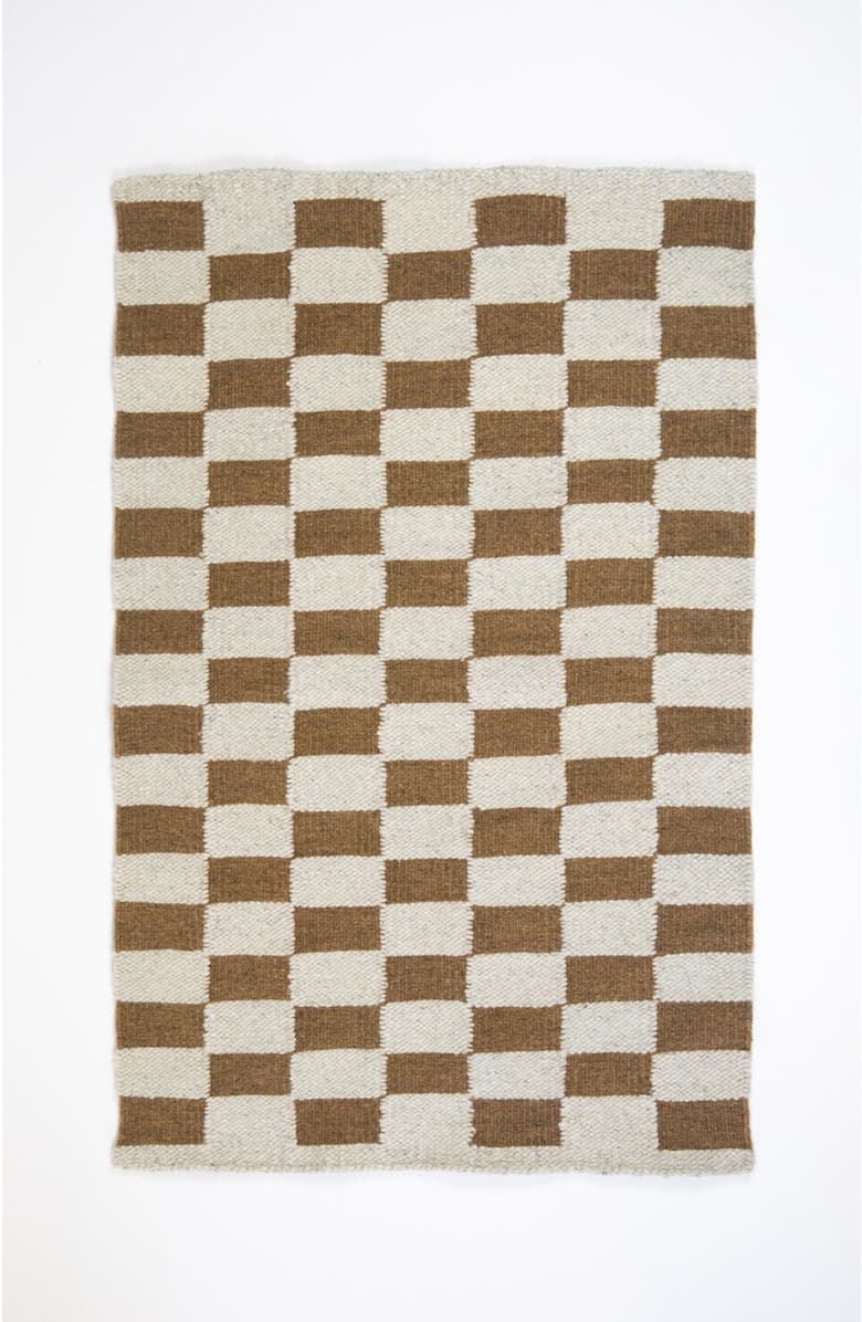 Archive New York Zapotec Checkered Handwoven Flatweave Wool Rug, Main, color, Brown And Ivory