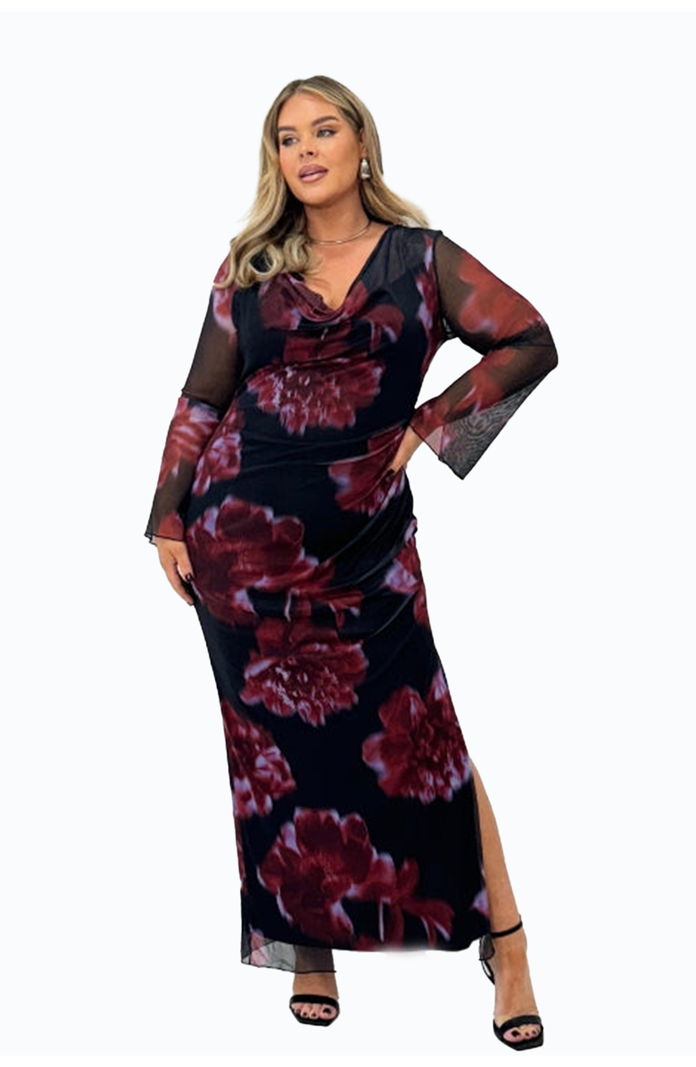 FASHION-SZN CURVE Cowl Neck Mesh Flare Sleeve Maxi Dress, Alternate, color, 