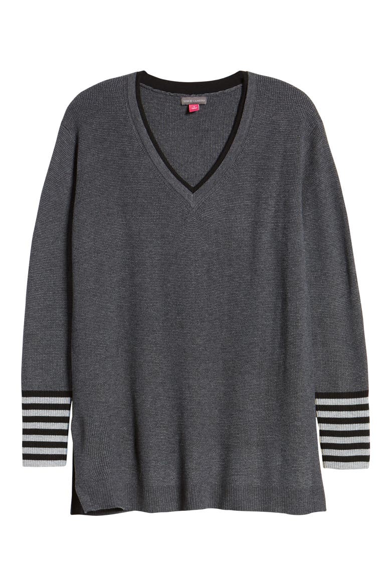 V-Neck Stripe Cuff Sweater, Alternate, color, MEDIUM HEATHER GREY