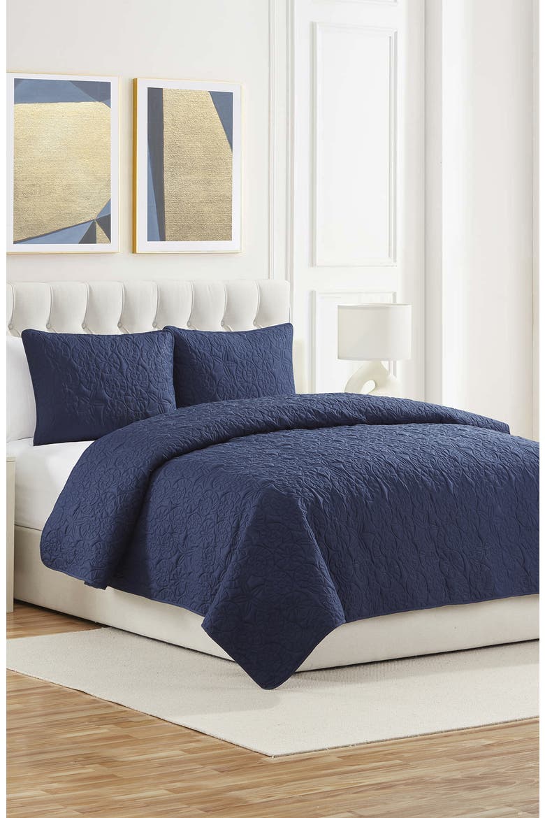 Seashell Solid 3-Piece Quilt Set, Alternate, color, NAVY