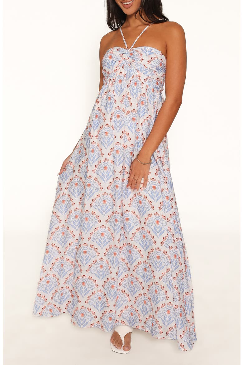 Cascade Halter Neck Maxi Dress, Main, color, CREAM BLUE