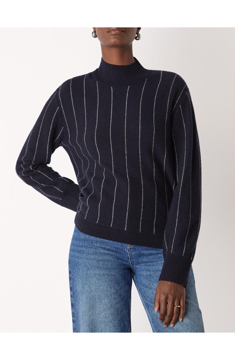 Whistles Stripe Wool Funnel Neck Knit Sweater, Alternate, color, Navy