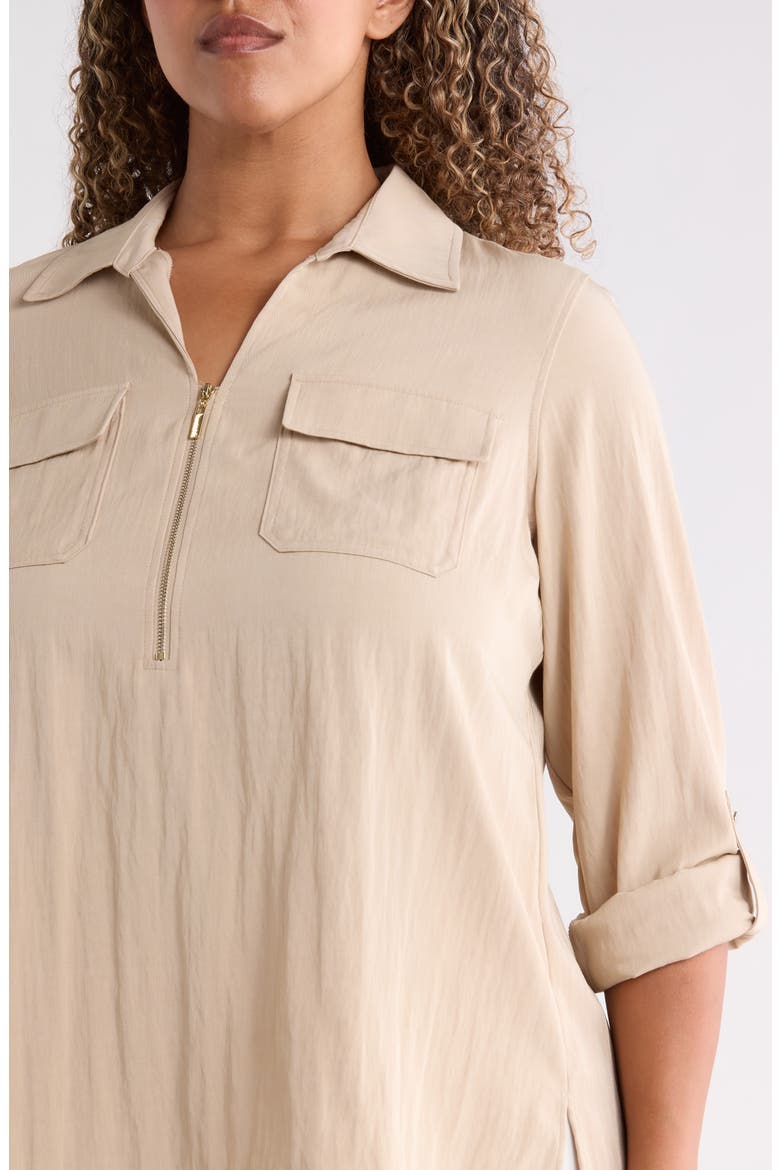 Half Zip Roll Tab Sleeve Top, Alternate, color, SAFARI