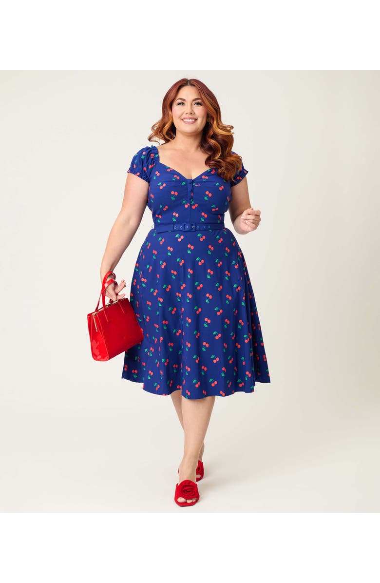 Unique Vintage Plus Size Ohara Swing Dress, Alternate, color, Navy W/Cherries