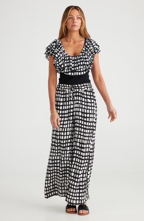Brave + True Callie Windowpane Print Double Ruffle Mixed Media Top In White