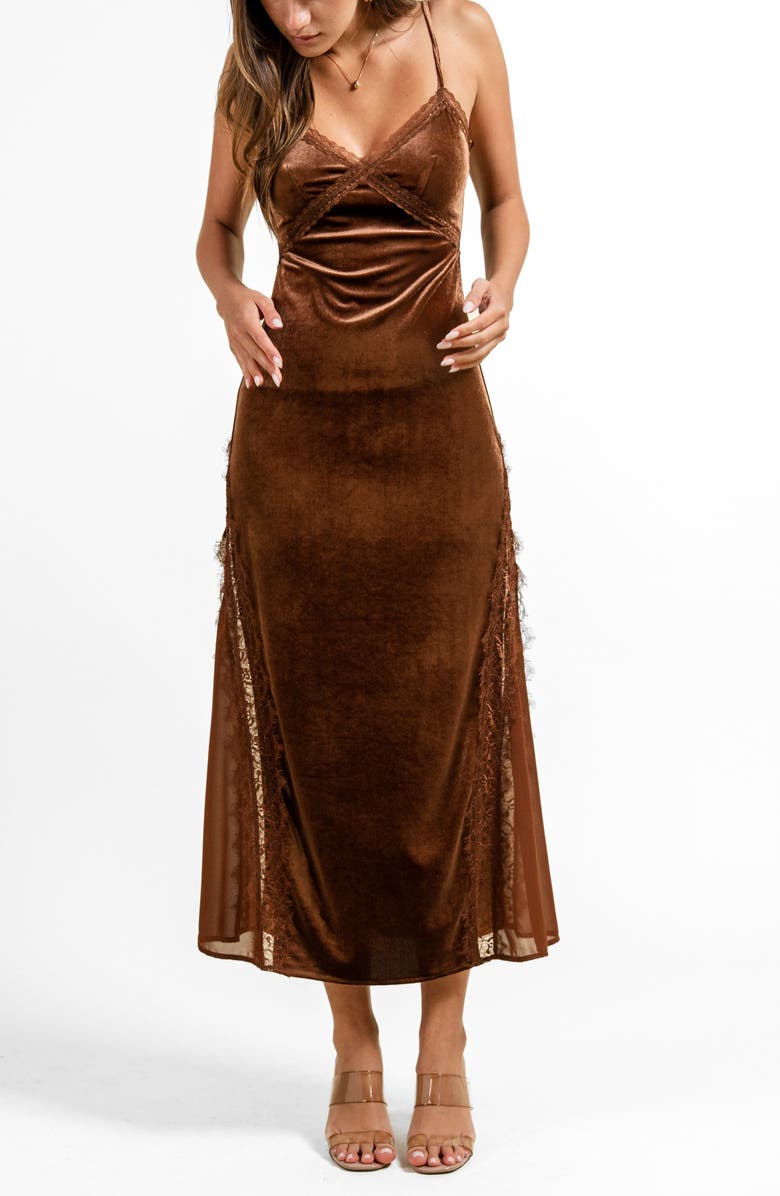 Beivy Lace Trim Velvet Slipdress, Alternate, color, Brown