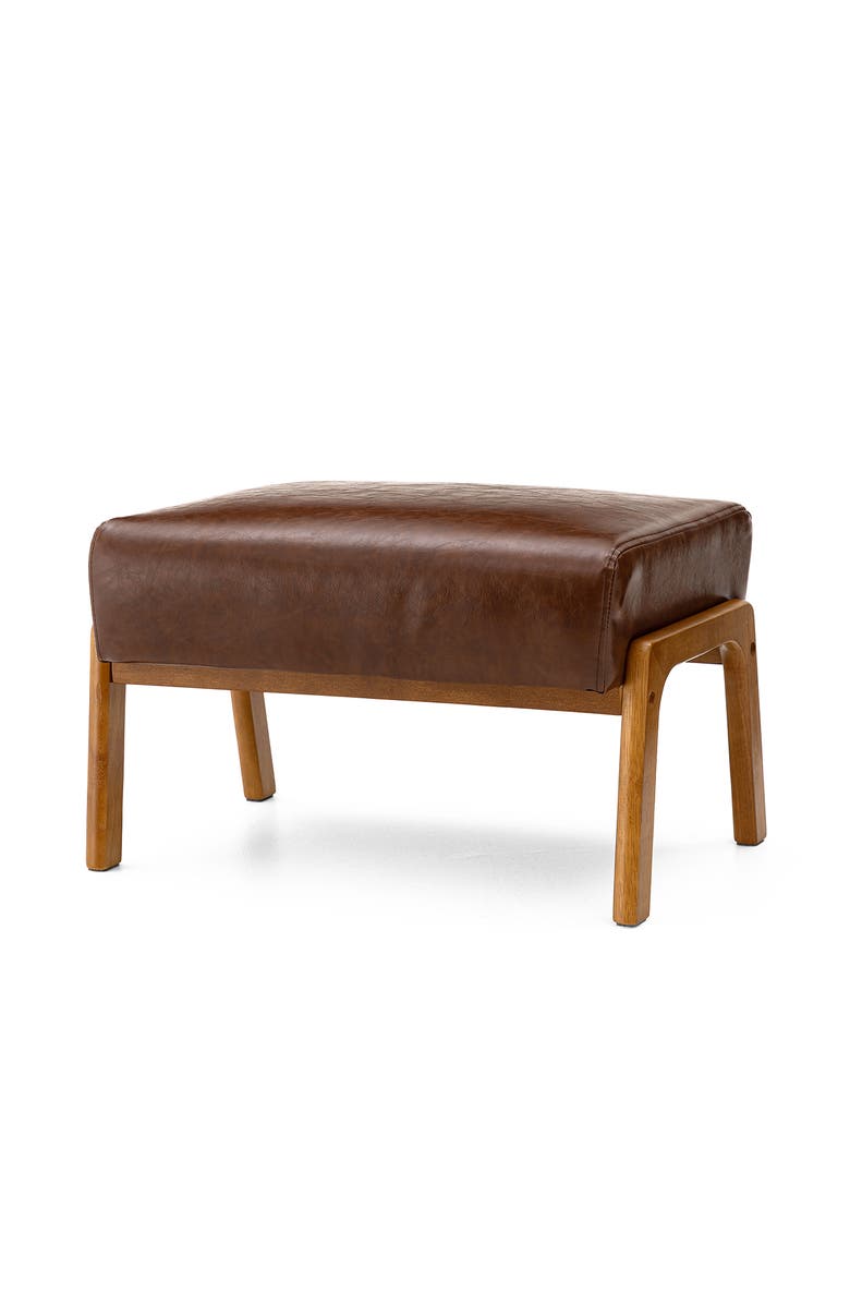 Glitzhome Mid-century Modern Faux Leather Accent Stool with Walnut Rubberwood Legs, Main, color, Coffee