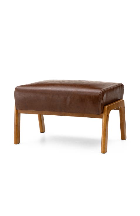 Mid-century Modern Faux Leather Accent Stool with Walnut Rubberwood Legs