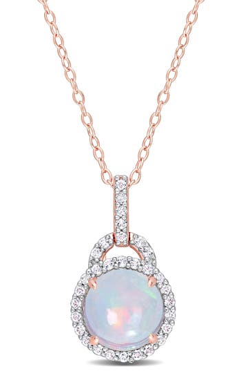 Delmar Blue Ethiopian Opal & Lab Grown White Sapphire Pendant Necklace In White