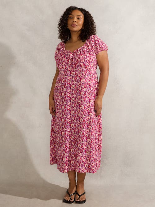 Live Unlimited Floral Gathered Neck Midi Dress In Pink