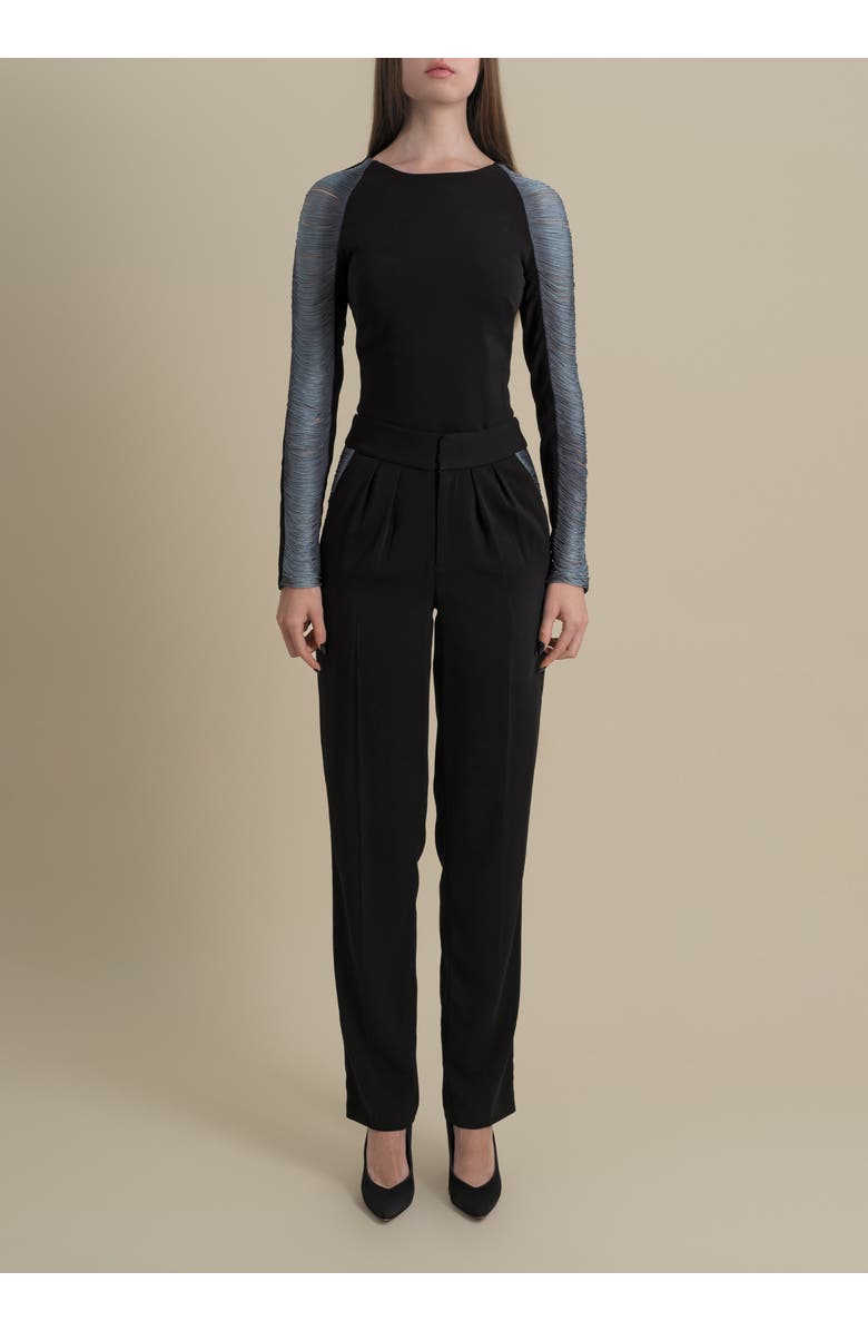 Contessa Mills Medusa Fringe Loose-Fit Double-Pleat Stretch Crepe Trousers, Main, color, Blue Smoke