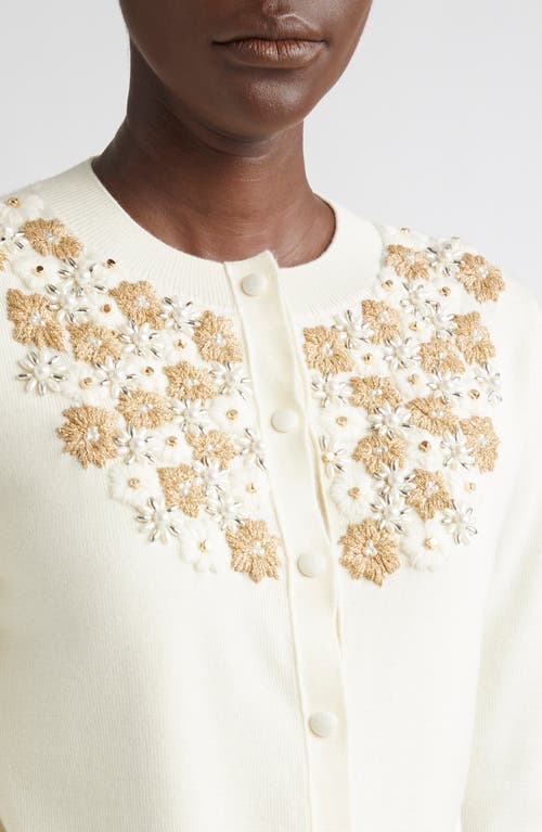 St John St. John Beaded & Embroidered Floral Wool Blend Cardigan In Neutral