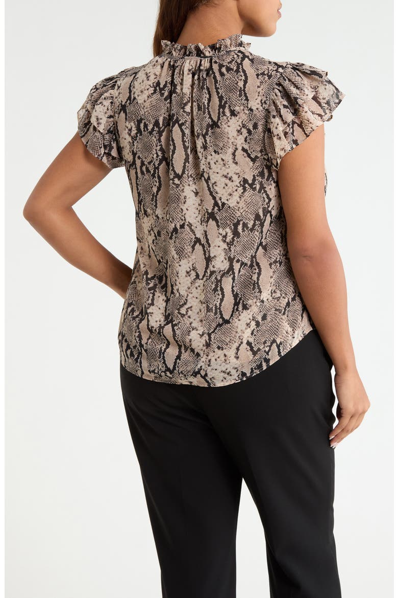 Ruffle Sleeve Faux Snakeskin Tie Neck Top, Alternate, color, NATURAL CLAY MULT